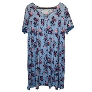 Pink Rose Short Sleeve Dress 2X XXL Blue Floral Stretch Criss Cross Knee Length